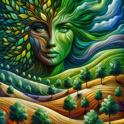 The primary subject of the image is a woman's face, which is painted in a vibrant and colorful manner. The setting is a lush, green landscape with trees and a hillside. The visual style is a combination of digital art and illustration, creating a unique and artistic representation of the woman's face. The colors and mood of the image are lively and energetic, with a focus on the woman's face as the central point of interest.